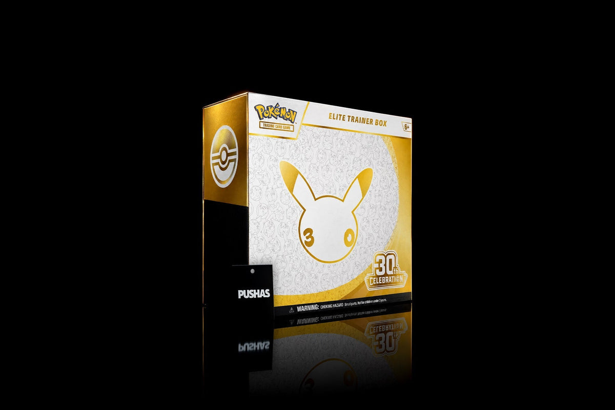 Pokémon TCG 30th Celebration Elite Trainer Box, photographed by PUSHAS
