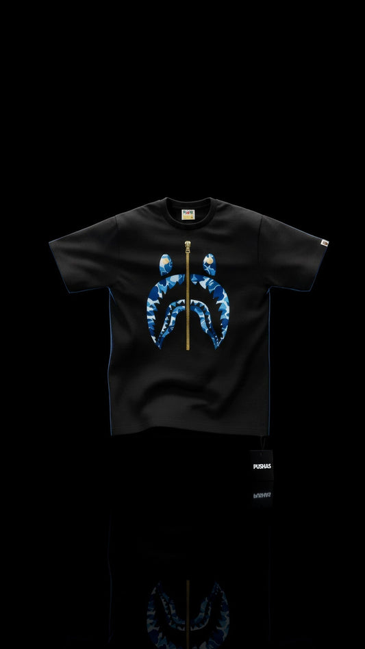 BAPE ABC Camo Shark Tee with blue shark face print