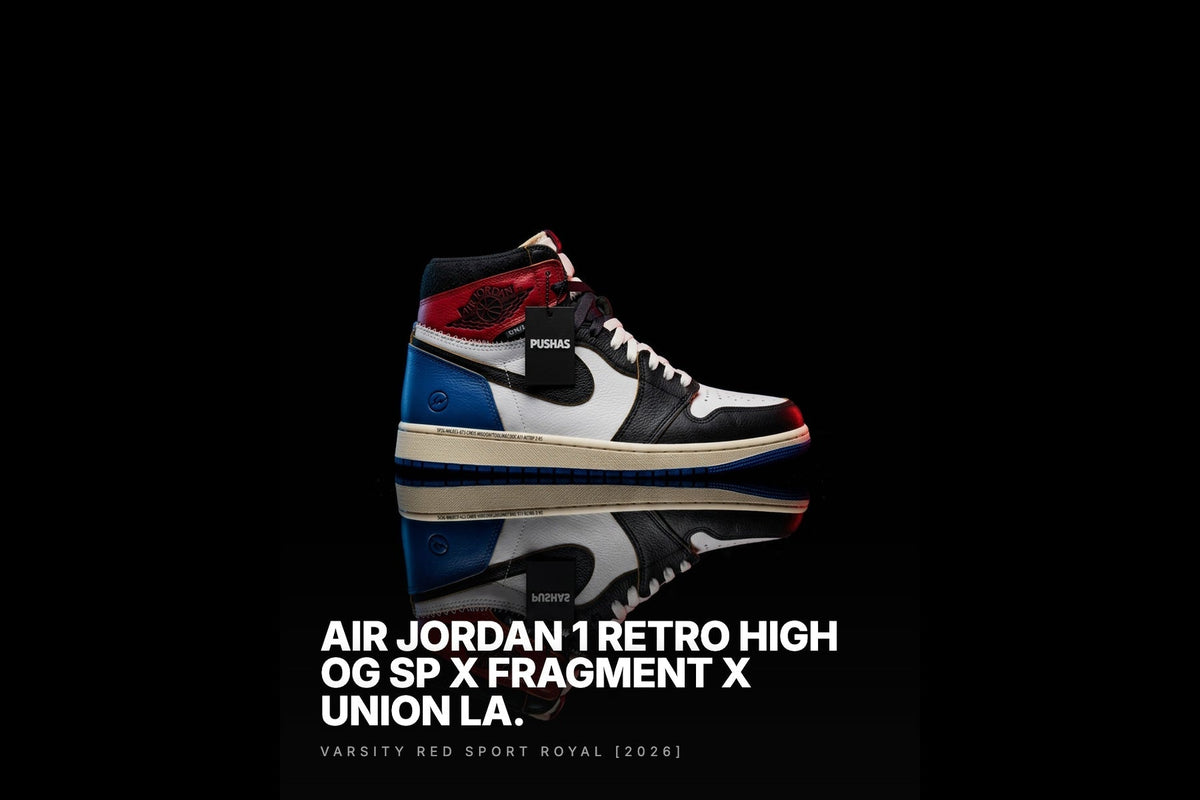 Air Jordan 1 High OG SP fragment x Union LA 'Varsity Red Sport Royal' photographed by PUSHAS