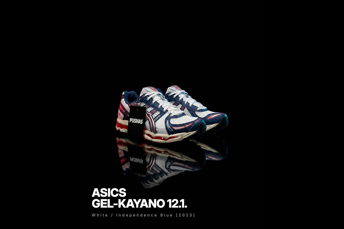 ASICS Gel-Kayano 12.1 'White / Independence Blue' photographed by PUSHAS