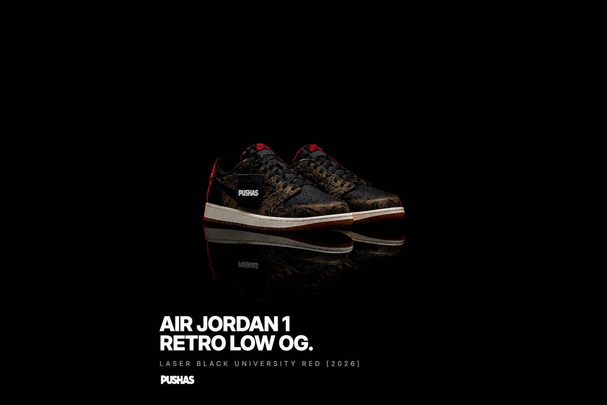 Air Jordan 1 Retro Low OG 'Laser Black University Red' photographed by PUSHAS