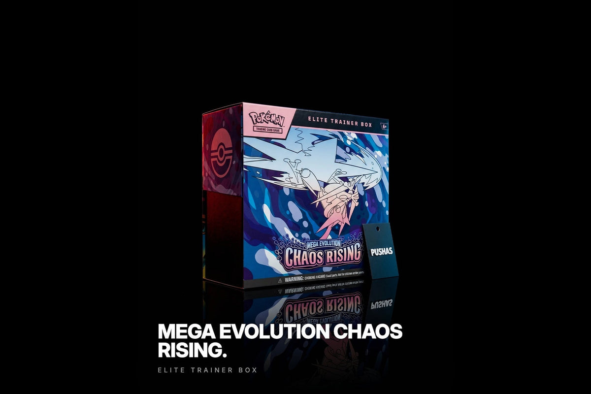 Pokémon TCG Mega Evolution Chaos Rising Elite Trainer Box photographed by PUSHAS