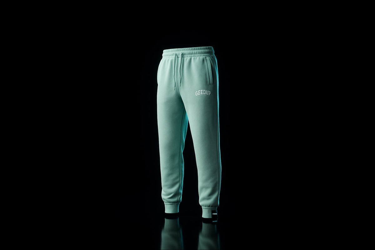 Geedup Micro Team Logo Trackpants 'Pistachio' photographed by PUSHAS