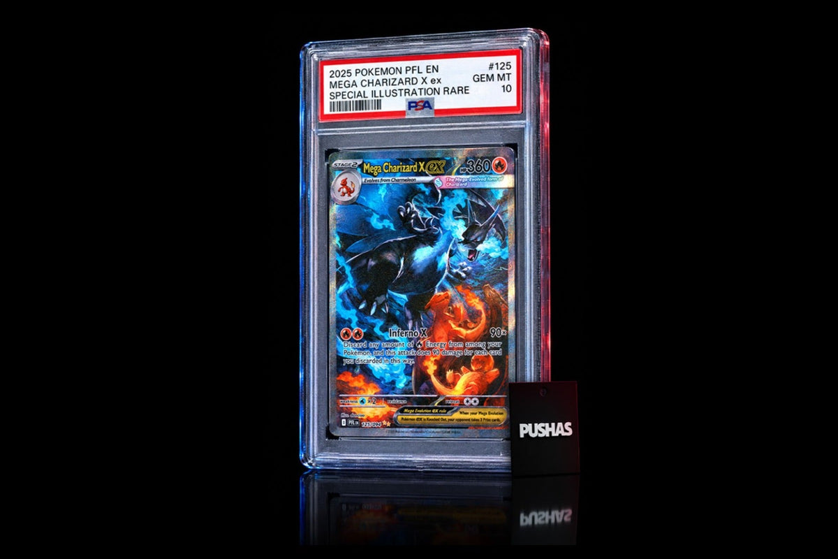 Pokémon Mega Charizard X ex #125 PSA 10 slab photographed by PUSHAS