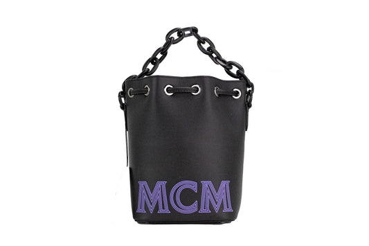 MCM Smooth Leather Chain Shoulder Drawstring Bucket Handbag 'Mini Black Purple'